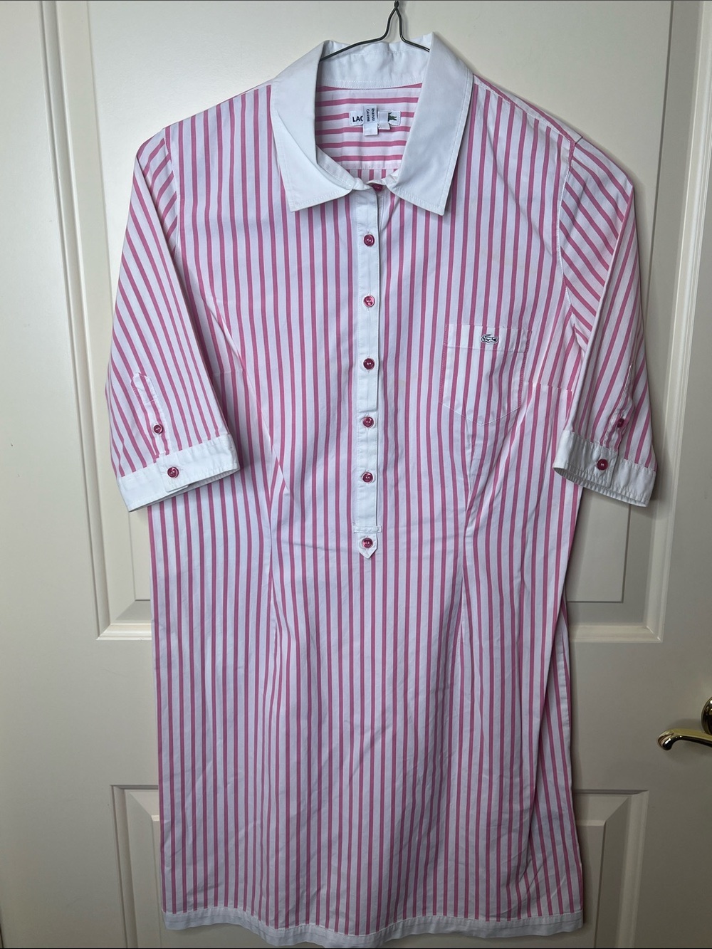 Lacoste Pink and White Striped Button-Up Shirt